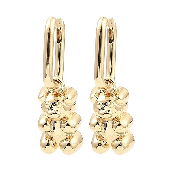 Brass Dangle Hoop Earrings, Bear, Light Gold, 34x10mm