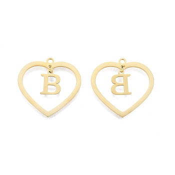201 Stainless Steel Pendants, Hollow, Heart with Letter A~Z, Real 18K Gold Plated, Letter.B, 29x29.5x1mm, Hole: 2mm, A~Z: 12x8~10.5x1mm