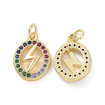 Brass Micro Pave Colorful Cubic Zirconia Pendants, with Jump Ring, Oval with Lightning Charms, Real 18K Gold Plated, 16.5x12x3mm, Hole: 3.2mm