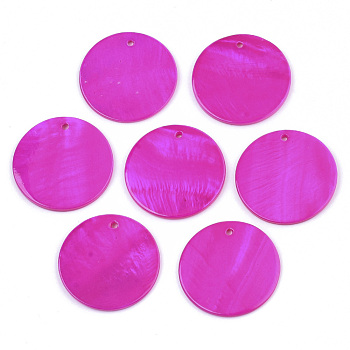 Natural Freshwater Shell Pendants, Flat Round, Spray Painted, Magenta, 25x2mm, Hole: 1.5mm