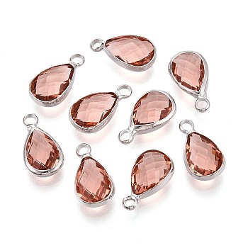 K9 Glass Charms, Teardrop, with Platinum Plated Brass Findings, Faceted, Dark Salmon, 13.5x7.5x4mm, Hole: 1.8~2mm