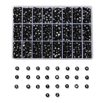 288G 26 Style Black Acrylic Beads, Flat Round with White Letter, Letter A~Z, 7x4mm, Hole: 1.5mm