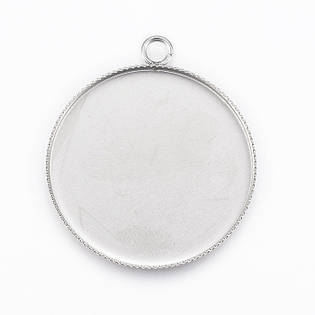 304 Stainless Steel Pendant Cabochon Settings, Flat Round, Stainless Steel Color, Tray: 30mm, 36x31x2mm, Hole: 3mm
