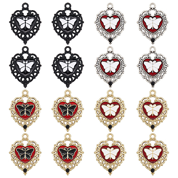 24Pcs 4 Styles Alloy Enamel Pendants, with Rhinestone, Heart with Butterfly Charm, Mixed Color, 33.5x26x3mm, Hole: 2.8mm, 6pcs/style