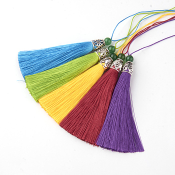 Polyester Tassel Big Pendant Decorations, with Alloy Findings, Antique Silver, Mixed Color, 90~95x11mm