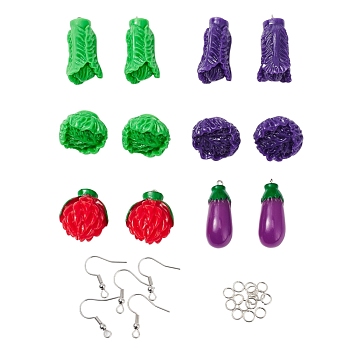 Vegetables Pendant Dangle Earrings DIY Making Kit, Including Flower & Eggplant & Vegetable & Cabbage Opaque Resin Pendants, Iron Earring Hooks & Jump Rings, Mixed Color, Pendant: 12pcs/bag