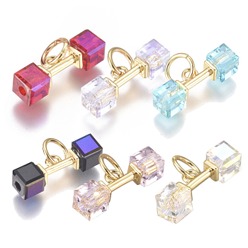 Brass Charms, with Cubic Zirconia and Jump Rings, Dumbbell, Mixed Color, 4x14x4mm, Hole: 3.5mm