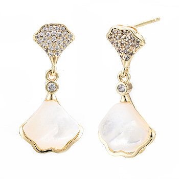 Brass Micro Pave Clear Cubic Zirconia Dangle Stud Earring, with Shell, Fan, Nickel Free, Real 18K Gold Plated, 26x13mm, Pin: 0.8mm