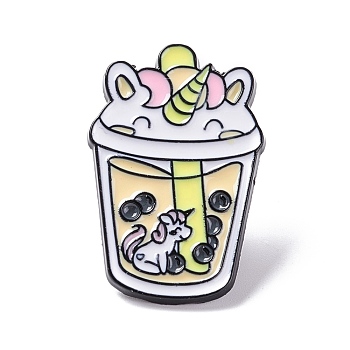 Unicorn and Bubble Cup Enamel Pin, Animal Alloy Enamel Brooch, Anti-Exposure Neckline Safety Pin for Women, Electrophoresis Black, Wheat, 30.5x20x10.5mm, Pin: 1.2mm