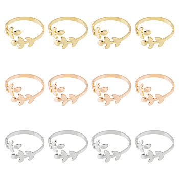 12Pcs 3 Colors Alloy Leafy Branch Open Cuff Finger Rings Set for Women, Mixed Color, Inner Diameter: US Size 9 3/4(19.5mm), 4Pcs/color