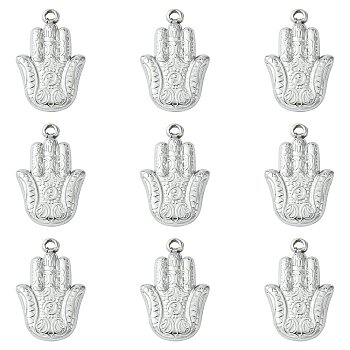 10Pcs 201 Stainless Steel Pendants, Hamsa Hand/Hand of Miriam Charms, Stainless Steel Color, 23x15x4mm, Hole: 2mm