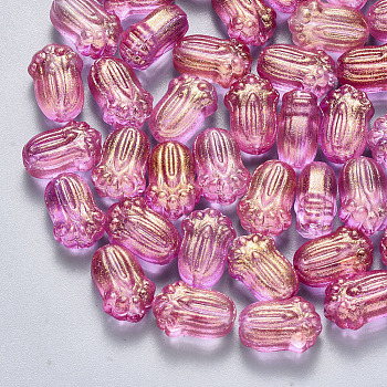 Transparent Spray Painted Glass Beads, with Glitter Powder, Pakchoi, Camellia, 11x7.5x5.5mm, Hole: 1mm