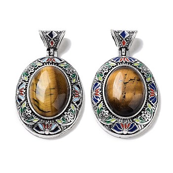 Natural Tiger Eye Pendants, Antique Silver Tone Alloy Enamel Oval Charms, 45x32x12.5mm, Hole: 6.3x5mm