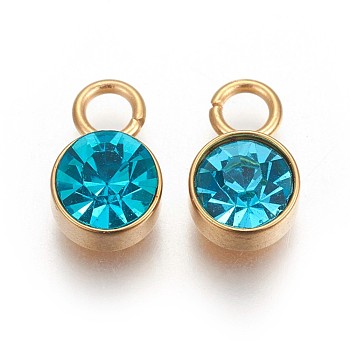 Glass Rhinestone Charms, December Birthstone Charms, with Golden Tone 201 Stainless Steel Findings, Flat Round, Blue Zircon, 10x6x4mm, Hole: 2.3mm