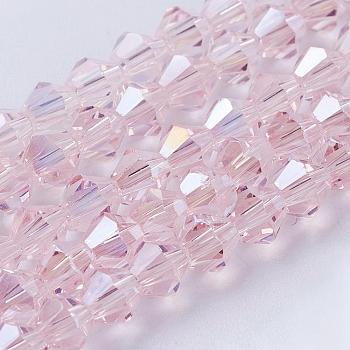 Glass Beads Strands, AB Color Plated, Faceted, Bicone, Misty Rose, 4x4mm, Hole: 1mm, about 92~96pcs/strand, 13.78~14.37 inch