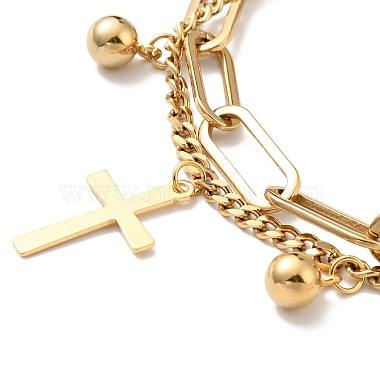 Bracelet multirangs charm croix et boule ronde(BJEW-G639-25G)-2