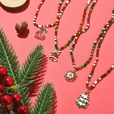Christmas Theme Alloy Enamel Pendant Necklace with Glass Beaded Chains(NJEW-JN04338)-2