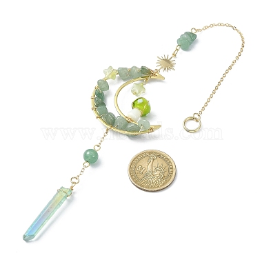 Wire Wrapped Green Natural  Aventurine Chips & Brass Moon Pendant Decorations(HJEW-TA00103-02)-3