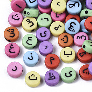 Opaque Acrylic Beads, Random Mixed Letters, Flat Round with Arabic Letter, Mixed Color, 7x3.5mm, Hole: 1.2mm(X-MACR-S273-20-SK)