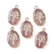 Natural Strawberry Quartz Oval Pendants, Golden Plated Brass Oval Charms with Tree, 22~22.5x13~13.5x4.5mm, Hole: 1.6~1.8mm(G-C102-07G-04)