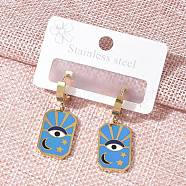 304 Stainless Steel Enamel Hoop Earrings for Women, Rectangle with Eye, Golden, Blue, 37x13mm(STAS-Z105-01G-04)