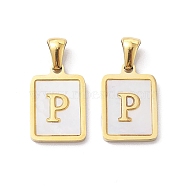 Ion Plating(IP) 304 Stainless Steel Pave Shell Pendants, Rectangle Charm, Real 18K Gold Plated, Letter P, 17.5x12x1.5mm, Hole: 3x5mm(STAS-G327-01G-P)