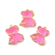Transparent Resin Crystal Rhinestone Pendants, Bear Charms, with Rack Plating Real 14K Gold Plated Brass Findings, Long-Lasting Plated, Cadmium Free & Lead Free, Hot Pink, 23.5x20.5x8mm, Hole: 1.5mm(X-KK-H438-04G-07)