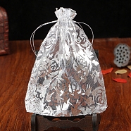 Organza Drawstring Jewelry Pouches, Wedding Party Gift Bags, Rectangle with Gold Stamping Flower Pattern, Silver, 9x7cm(PW-WG35925-28)