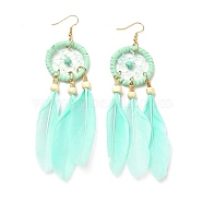 Feather Woven Net Chandelier Earrings, Alloy Long Tassel Drop Earrings for Women, Pale Turquoise, 126mm, Pin: 0.6mm(EJEW-H090-01I)