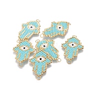 MIYUKI & TOHO Handmade Japanese Seed Beads Links, Loom Pattern, Hamsa Hand/Hand of Fatima/Hand of Miriam, with Evil Eye, Turquoise, 28~28.5x20~20.5x1.7mm, Hole: 2.5mm(SEED-A029-HH02)