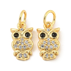 Rack Plating Brass Micro Pave Clear Cubic Zirconia Pendants, Long-Lasting Plated, with Jump Rings, Lead Free & Cadmium Free, Real 18K Gold Plated, Owl, 12x6.5x2mm, Hole: 3mm(KK-B093-02E-G)