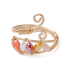 Colorful Glass Rice Beaded Open Cuff Rings, Copper Wire Wrap Finger Ring, Light Gold, Inner Diameter: 18mm(RJEW-TA00110-01)