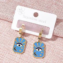 304 Stainless Steel Enamel Hoop Earrings for Women, Rectangle with Eye, Golden, Blue, 37x13mm(STAS-Z105-01G-04)