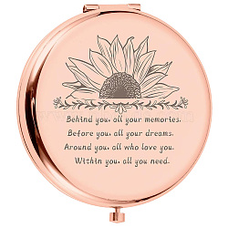 1Pc Stainless Steel Customization Mirror, Flat Round with Flower & Word, with 1Pc Rectangle Velvet Pouch, Rose Gold, Mirror: 7x6.5cm(DIY-CN0002-16C)