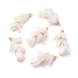 Iron Big Pendants, with Chiffon, Flower, Golden, Old Lace, 50~52x22~28mm, Hole: 2mm(IFIN-G081-A16)