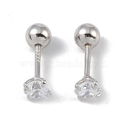 Rhodium Plated 999 Sterling Silver Cubic Zirconia Earlobe Plugs for Women, Round Screw Back Earrings with 999 Stamp, Platinum, 4x4mm(EJEW-S215-28P)