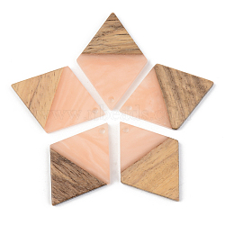 Opaque Resin & Walnut Wood Pendants, Rhombus, Light Salmon, 34x24x3mm, Hole: 2mm(RESI-S389-012A-C02)