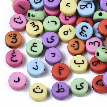 Opaque Acrylic Beads, Random Mixed Letters, Flat Round with Arabic Letter, Mixed Color, 7x3.5mm, Hole: 1.2mm