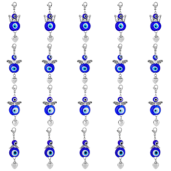 20Pcs Fairy with Heart Tibetan Style Alloy Pendant Decorates, with Evil Eye Lampwork Beads & 304 Stainless Steel Lobster Claw Clasps, Mixed Shape, Marine Blue, 57mm