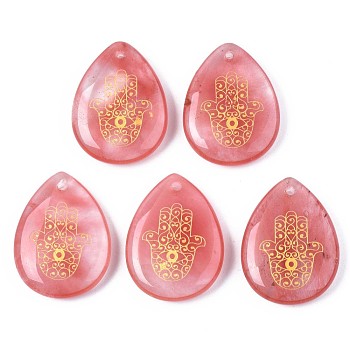 Cherry Quartz Glass Pendants, Teardrop with Hamsa Hand Pattern, 32~33.5x25~26x6.5~7.5mm, Hole: 2mm, 6pcs/bag
