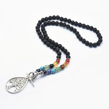 Tibetan Style Alloy Pendant Necklaces, with Natural Lava Rock Beads and Toggle Clasps, Teardrop with Tree
, 21.2 inch(54cm)