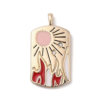 304 Stainless Steel Pendants, with Cubic Zirconica and Enamel, Rectangle with Sun, Red, 30.5x6.5x3.5mm, Hole: 3x1.5mm