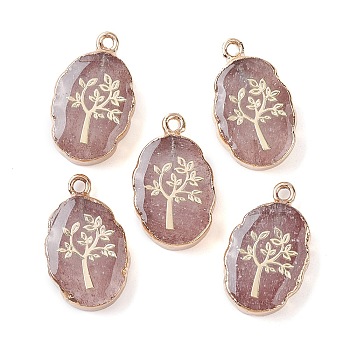 Natural Strawberry Quartz Oval Pendants, Golden Plated Brass Oval Charms with Tree, 22~22.5x13~13.5x4.5mm, Hole: 1.6~1.8mm