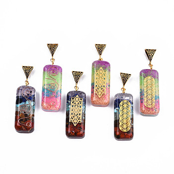 Transparent Epoxy Resin Pendants, with Natural Gemstone Chip and Antique Golden Tone Iron Peg Bail and Foil, with Brass Snap On Bails, Cuboid, Mixed Color, 46x17x11mm, Hole: 4mm