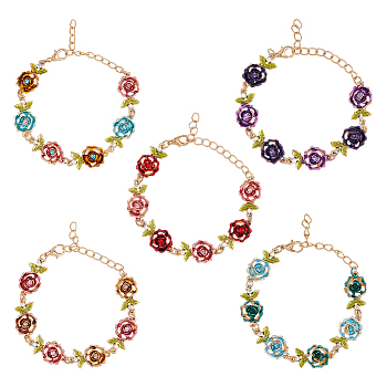 FIBLOOM 5Pcs 5 Colors Alloy Rose Link Chain Bracelets Set with Rhinestone, Mixed Color, Inner Diameter: 6-1/8 inch(15.7cm), 1Pc/color