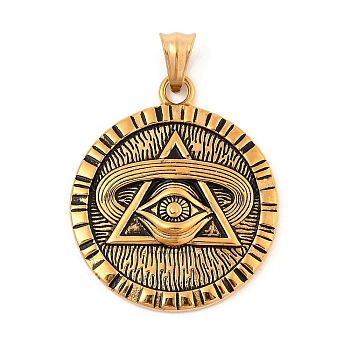 304 stainless Steel Pendants, Flat Round with Eye of Horus Charm, Antique Golden, 41x35.5x5mm, Hole: 8.5x5mm