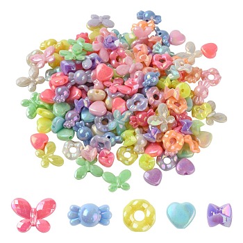 5 Style Opaque Acrylic Beads, AB Color Plated, Heart & Candy & Wave Flat Round & Butterfly, Mixed Color, 290pcs/bag