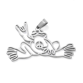 304 Stainless Steel Pendants, Laser Cut, Hollow Peace Frog Charms, Stainless Steel Color, 23x39.5x1mm, Hole: 3x4.5mm