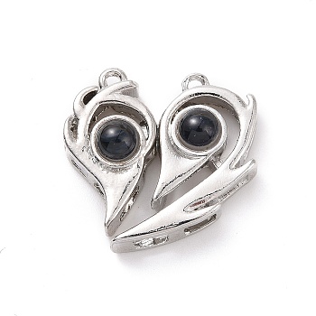 Alloy Magnetic Pendants, with Glass, Heart Charms, for Couple Jewelry Bracelets Pendants Necklaces Gift, Platinum, 23x23.5x8mm, Hole: 1.5mm