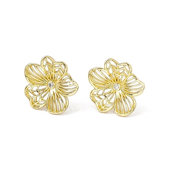 Clear Cubic Zirconia Flower Stud Earrings, Rack Plating Brass Jewelry for Women, Cadmium Free & Lead Free, Real 18K Gold Plated, 16.5x15.5mm, Pin: 0.7mm